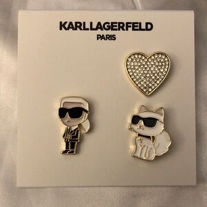 Karl Lagerfeld Paris 3PC Lapel Pin Set Karl, Choupette & Crystal Heart NEW